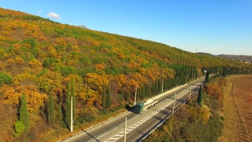 AERIAL VIEW. Truck Driving Along Road Near Autumn