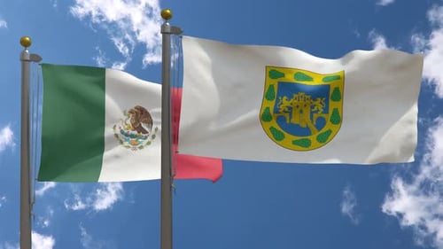 Waving Flags of Mexico and Veracruz State Against Blue Sky
