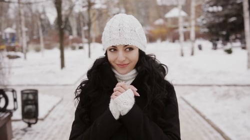 Beautiful Brunette Girl In Winter Park With Snow