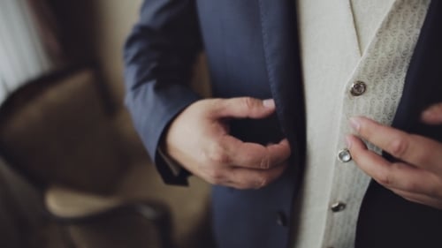 Man Buttons Up Formal Blue Suit Jacket