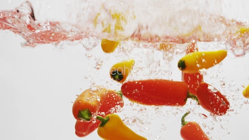 Colorful Peppers Plunging Into Water in Slow Motion
