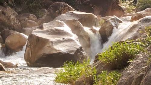 Waterfalls Cascade of Mountain River Stormy Stream among Rocks