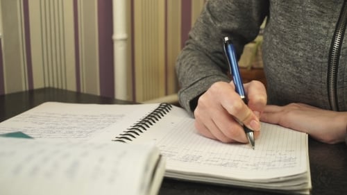 Young Adult Writing in Notebook at Home