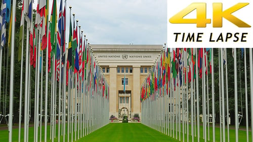 United Nations Building in Geneva with Many Flags