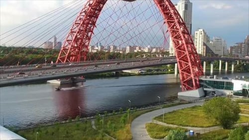 Traffic on a Suspension Bridge in the City