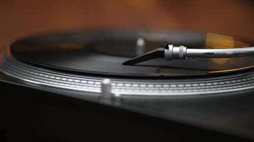 Record Player Spinning Vinyl in Close-Up