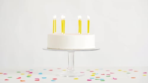 Birthday Cake with Lit Candles on Display