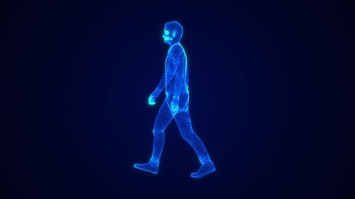 Futuristic Blue Wireframe Human Walking Animation