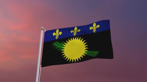 Guadeloupe Flag Waving Animation on Sunset Sky
