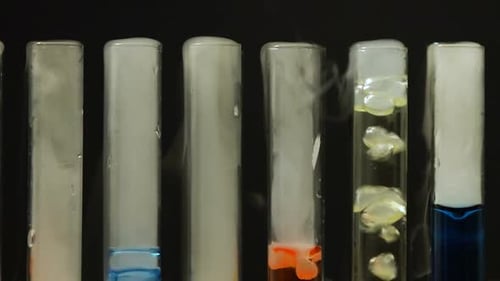 Bubbling Test Tubes with Colorful Liquids and Smoke