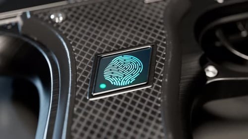 Handgun triggered with a fingerprint. Hi-tech smart gun lock. Fingerprint sensor
