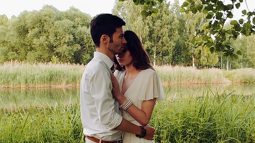 Couple Happy At Forest Near The River