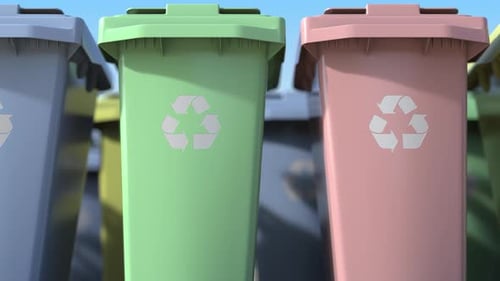 Smooth Camera Pan Across Colorful Recycling Bins