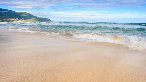 Closeup Fantastic Wave Surf on Golden Sand Beach Blue Sky Hill