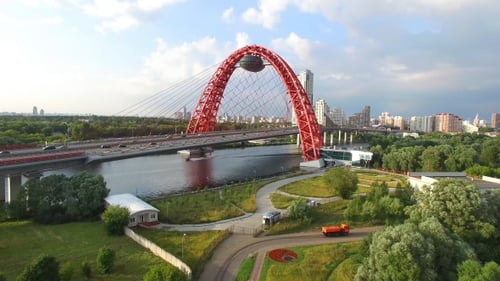Traffic on a Suspension Bridge in the City