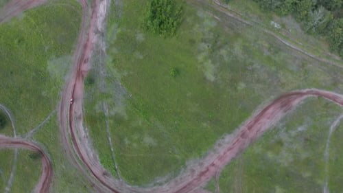 Aerial view of motocross bike on racetrack training for motocross dirt racing competition