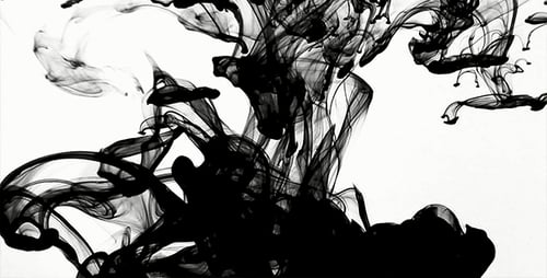 Abstract Black Ink Plumes Swirling on White Background
