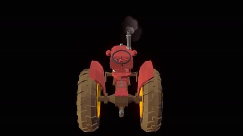 Low Poly Red Tractor Animation with Smoke and Rotating Wheels