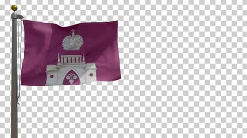 Waving Purple Flag with Royal Crown and Architectural Emblem