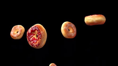 Falling Doughnuts with Red Jam Icing and Powdered Sugar