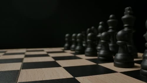 Black Chess Pieces Lined Up on a Chessboard