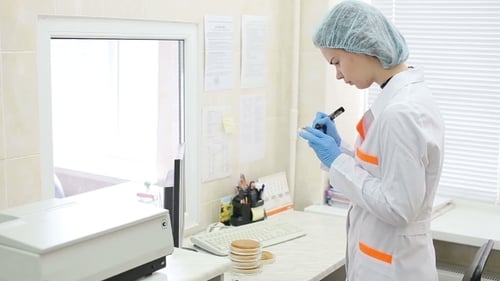 Young Woman Examines Petri Dish in Bright Lab
