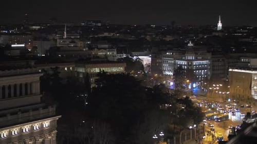 Night View of Madrid with Cibeles Square, Cybele Palace and Traffic, Spain