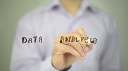 Data Analysis, Man Writing on Transparent Screen