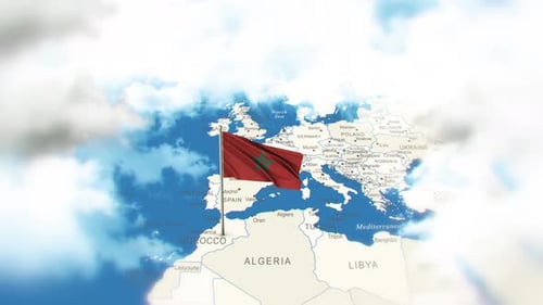 Waving Morocco Flag Animation on Global Map Background