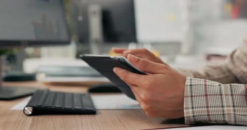 Hands Use Tablet at Bright Office Workplace