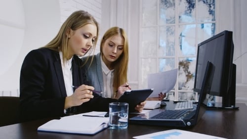 Two Young Women Collaborate at Work