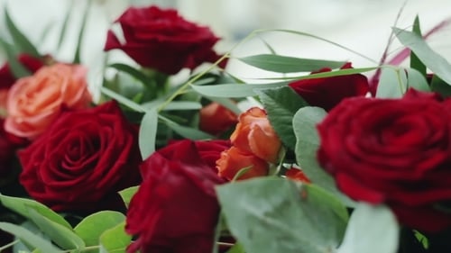 Romantic Close Up of Red and Orange Rose Bouquet