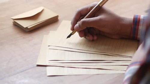 Young Men Writing a Letter with a Fountain Pen on a Aper
