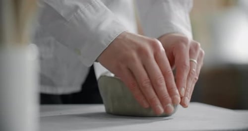 Ceramist Sculpts the Bowl From Piece of a Clay at the Workshop Potter at Work Craftsmanship of