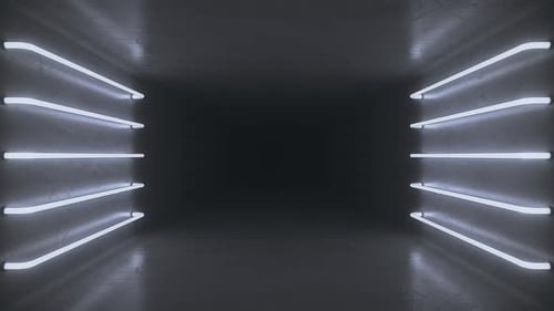 Abstract black room interior with white glowing neon lamps