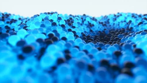 Dynamic Abstract Flow of Glowing Blue and Dark Spheres