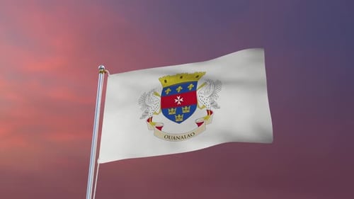 Realistic Waving Flag of Saint Barthélemy with Coat of Arms