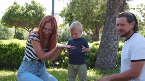 Family Playing with Dandelion in the Green Park