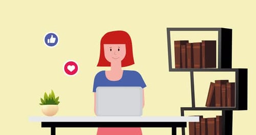 Flat Design Animation of Person Working with Social Media Reactions