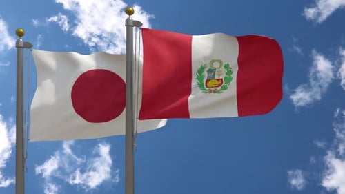 Japan and Peru Flags Waving Realistically in Blue Sky