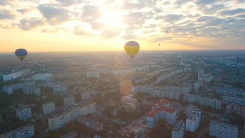 Air Balloons Flying Over City Against Setting Sun, Evening Flight, Championship