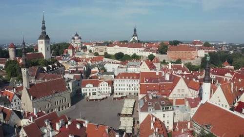 Aerial View of the Medieval Town Hall and Town Hall Square of Tallinn the Capital of Estonia