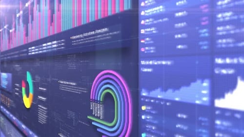 Futuristic Digital Dashboard Displaying Corporate Data Analysis and Graphs