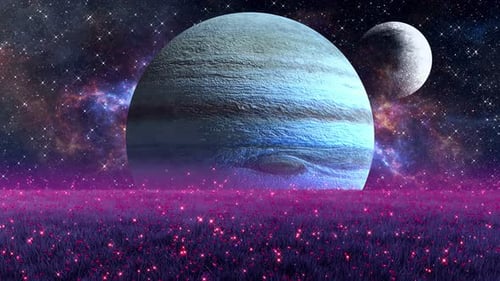 Surreal Alien Landscape with Giant Planets and Glowing Flora