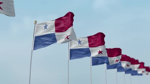 Panama Flags Waving Animation Against Clear Blue Sky