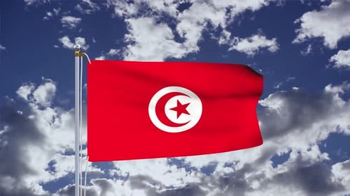 Tunisia National Flag Waving Against Cloudy Blue Sky