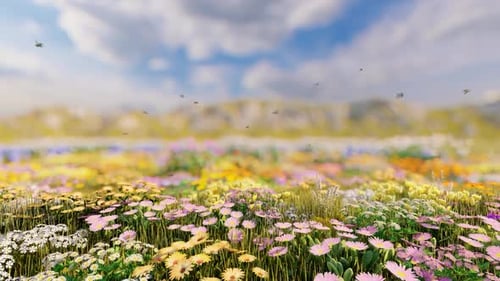 Bees Flying Over a Vibrant Spring Wildflower Field