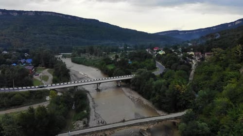 Aerial view of the city in mountains.