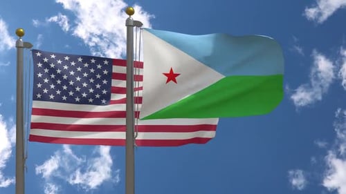 United States and Djibouti Flags Waving Against Blue Sky