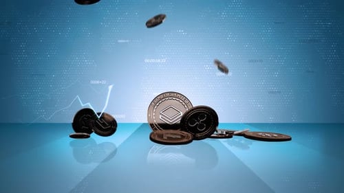 Falling Cryptocurrency Coins with Growing Financial Chart Background